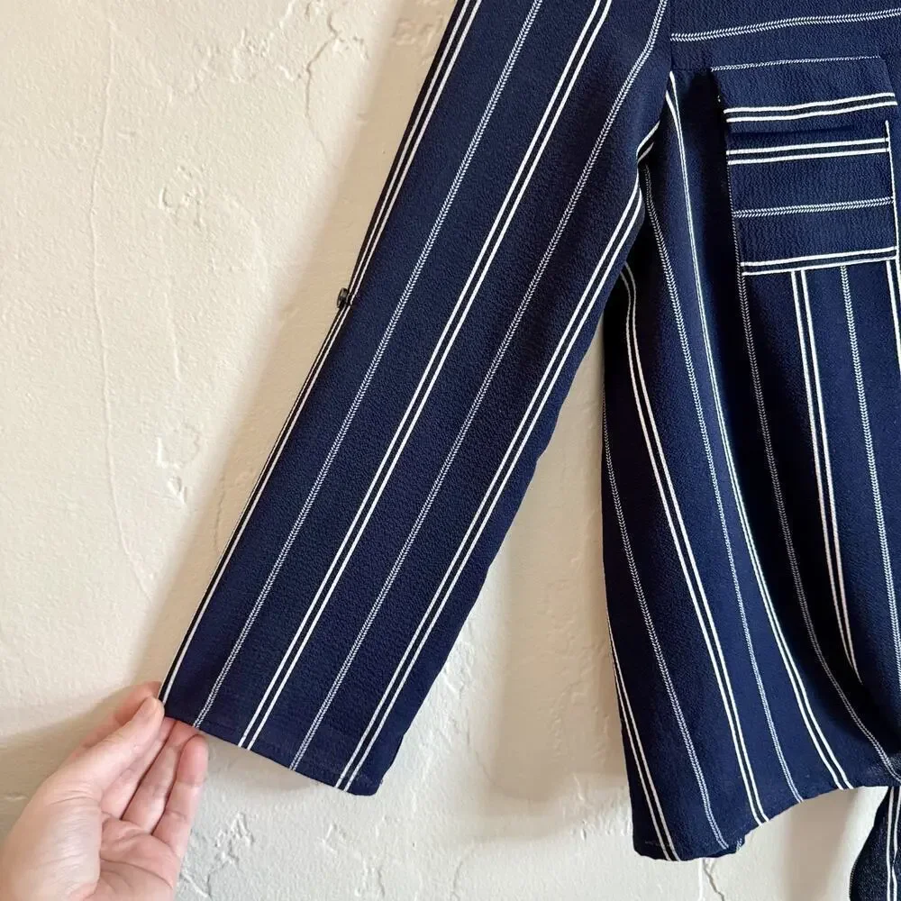 Monteau Los Angeles Size Large Juniors Blouse - Navy Striped Pockets Tie Front